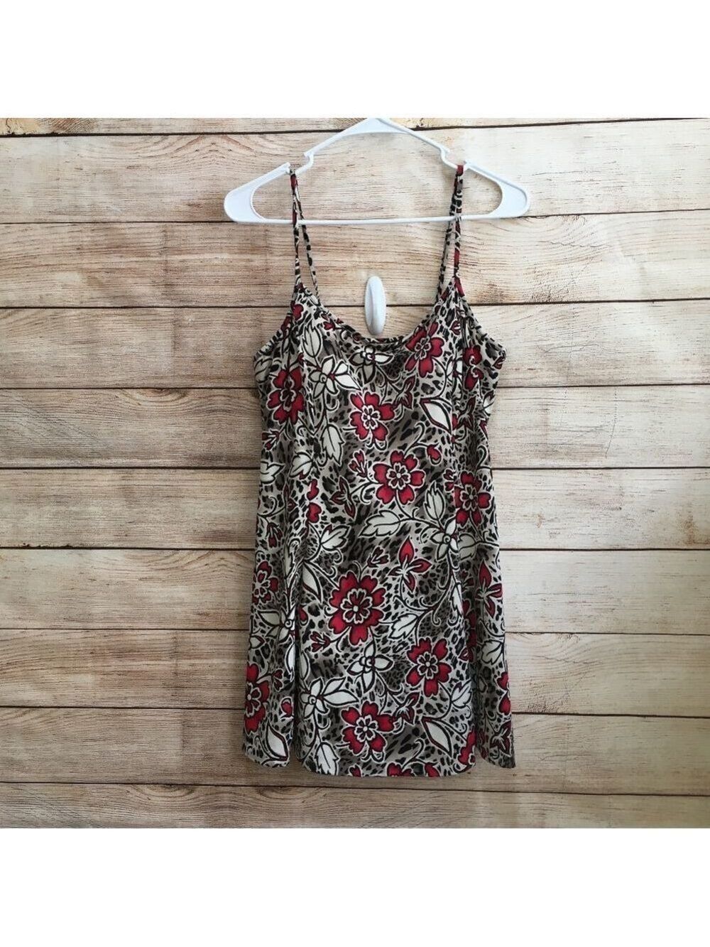 #0043 - Floral Print One-Piece Swimdress in Beige and Red